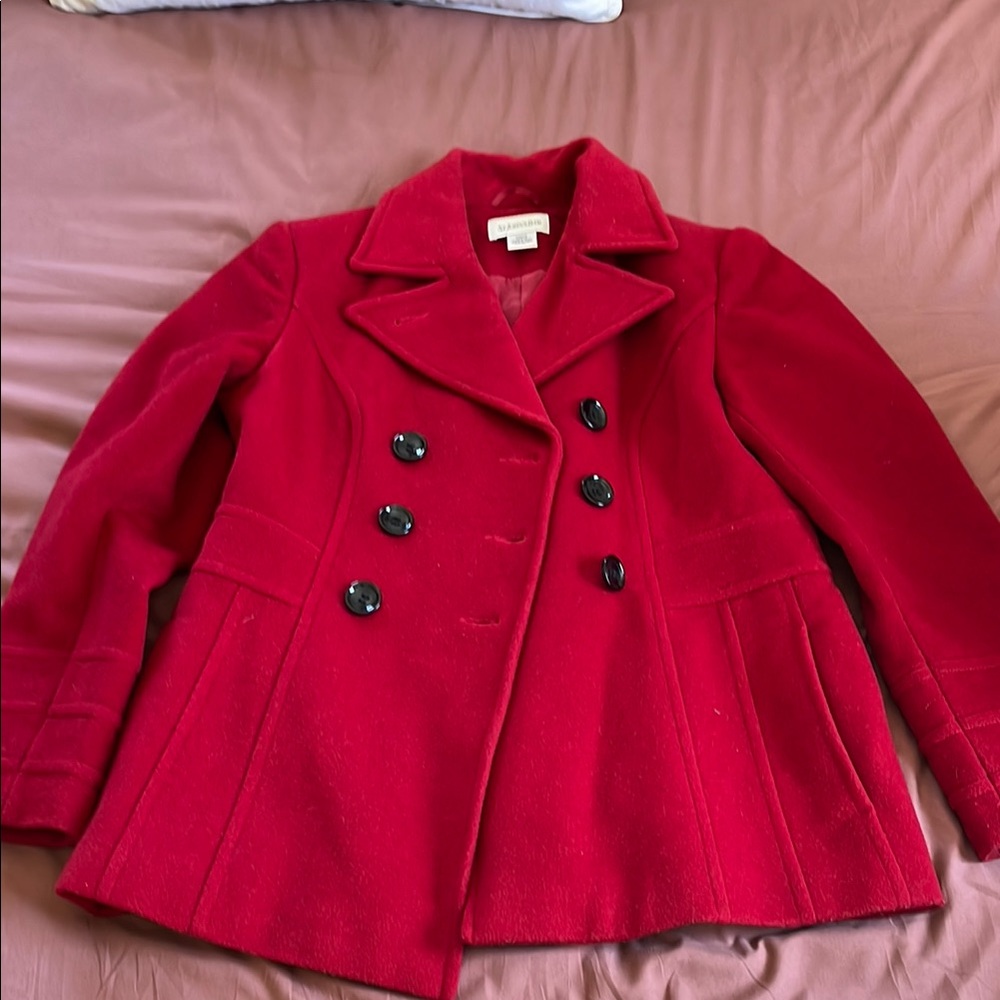 St. John's Bay Red Pea Coat with Wide Collar and Relaxed Fit